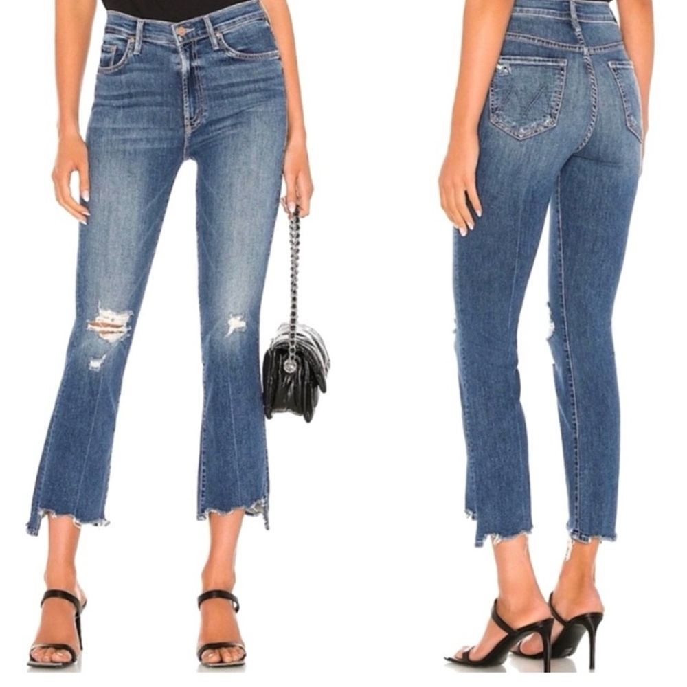 MOTHER Blue Distressed Ankle Crop Jeans